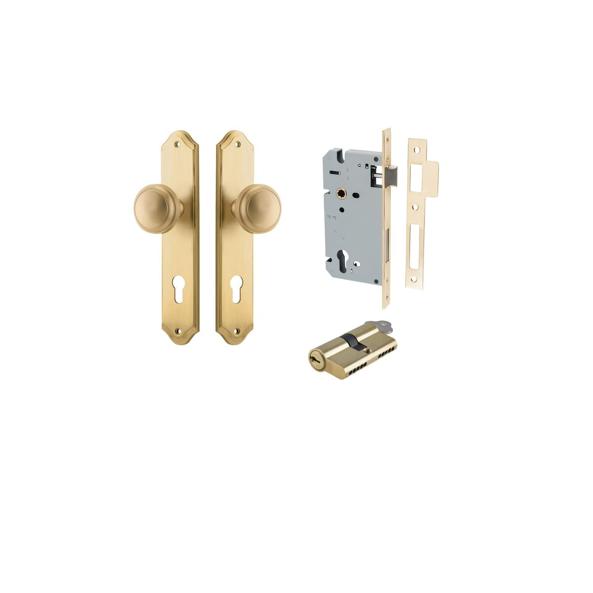 Iver Paddington  Door Knob Shouldered Latch Pair, Passage Kit, Privacy Kit , Entrance Kit with High Security Lock - Brushed Brass