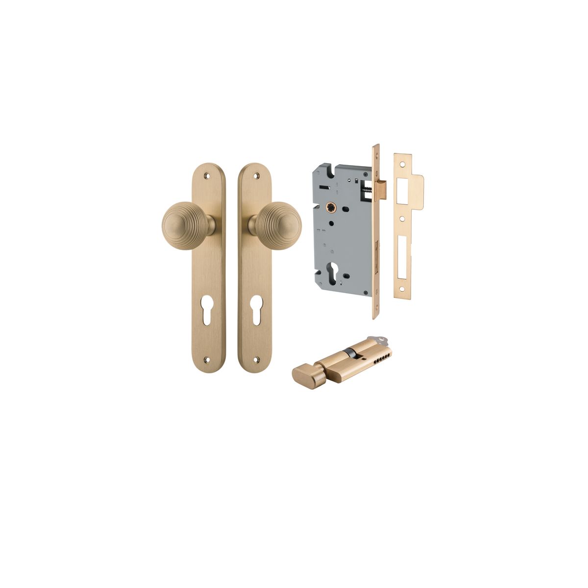 Iver Guildford Door Knob Oval Latch Pair, Passage Kit, Privacy Kit , Entrance Kit with High Security Lock - Brushed Brass