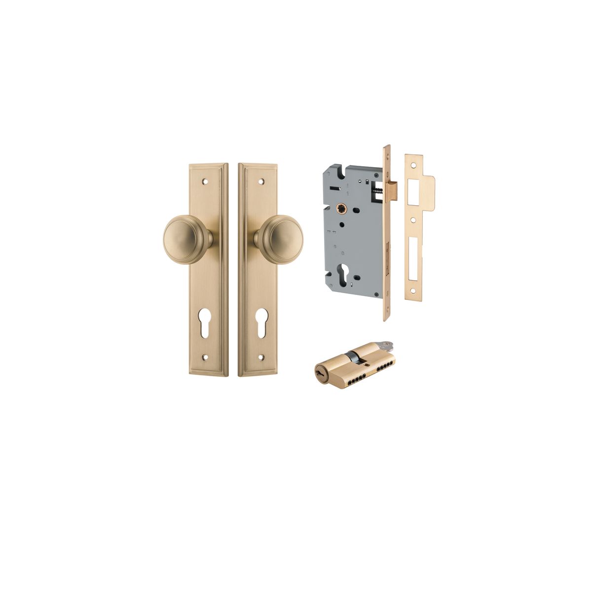 Iver Paddington  Door Knob Stepped Latch Pair, Passage Kit, Privacy Kit , Entrance Kit with High Security Lock - Brushed Brass