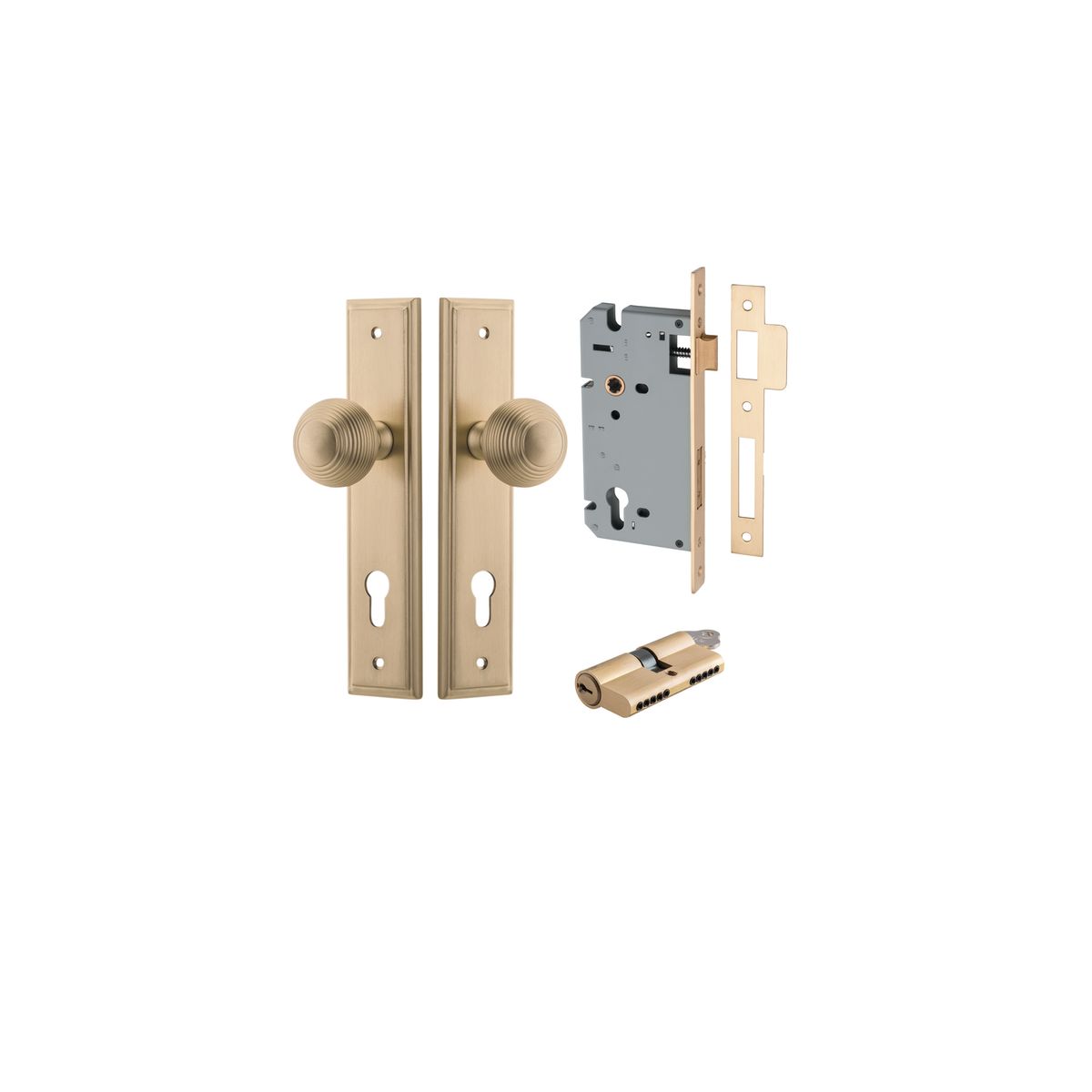 Iver Guildford Door Knob Stepped Latch Pair, Passage Kit, Privacy Kit , Entrance Kit with High Security Lock - Brushed Brass