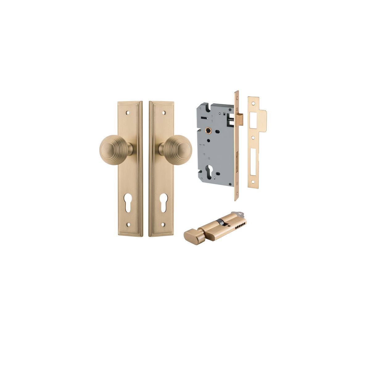 Iver Guildford Door Knob Stepped Latch Pair, Passage Kit, Privacy Kit , Entrance Kit with High Security Lock - Brushed Brass
