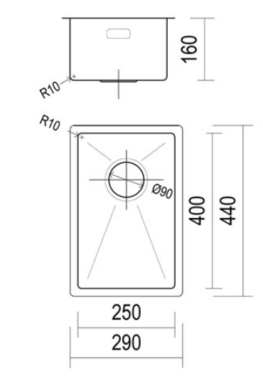 BURNS & FERALL TOPMOUNT/FLUSH OR UNDERMOUNT R10  LENGTH - AVAILABLE IN 6 SIZES : 290MM ,380MM  ,440MM ,490MM ,540MM ,590MM  - STAINLESS STEEL