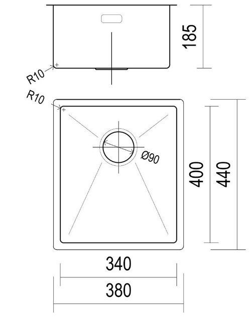 BURNS & FERALL TOPMOUNT/FLUSH OR UNDERMOUNT R10  LENGTH - AVAILABLE IN 6 SIZES : 290MM ,380MM  ,440MM ,490MM ,540MM ,590MM  - STAINLESS STEEL