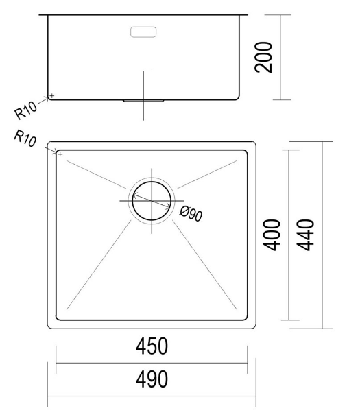 BURNS & FERALL TOPMOUNT/FLUSH OR UNDERMOUNT R10  LENGTH - AVAILABLE IN 6 SIZES : 290MM ,380MM  ,440MM ,490MM ,540MM ,590MM  - STAINLESS STEEL