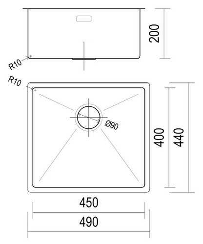 BURNS & FERALL TOPMOUNT/FLUSH OR UNDERMOUNT R10  LENGTH - AVAILABLE IN 6 SIZES : 290MM ,380MM  ,440MM ,490MM ,540MM ,590MM  - STAINLESS STEEL