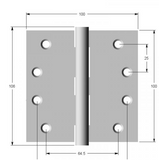Lohala Hinge Stainless Steel 316 Heavy Duty 100mm x 100mm x 3.0mm ,8mm Pin 3.5mm Clearance Fixed Button Pin Polished & Satin