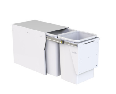 Hideaway Waste Bin ,Compact Floor Mount Range, 2 x 20Litres Bucket Height 308 x Width 298 x Depth 510mm, Handle pull and Door pull - Arctic White & Cinder  ( Available in 4 Sizes : 1 x 15Ltr ,1 x 20Ltr ,2 x 15Ltr ,2 x 20Ltr )