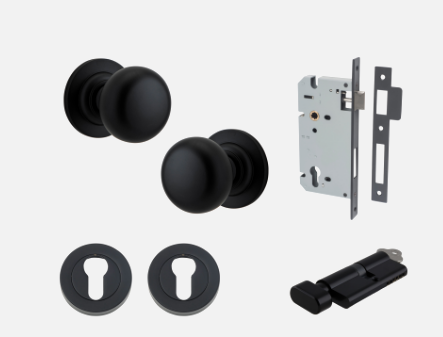 Iver Cambridge Door Knob 0203 Round Rose Matt Black - Passage kit ,privacy kit & Entrance Kit (Dual Function 5 pin and Key Thumb 6 Pin)