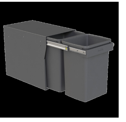 Hideaway Waste Bin ,Compact Floor Mount Range, 2 x 20Litres Bucket Height 308 x Width 298 x Depth 510mm, Handle pull and Door pull - Arctic White & Cinder  ( Available in 4 Sizes : 1 x 15Ltr ,1 x 20Ltr ,2 x 15Ltr ,2 x 20Ltr )