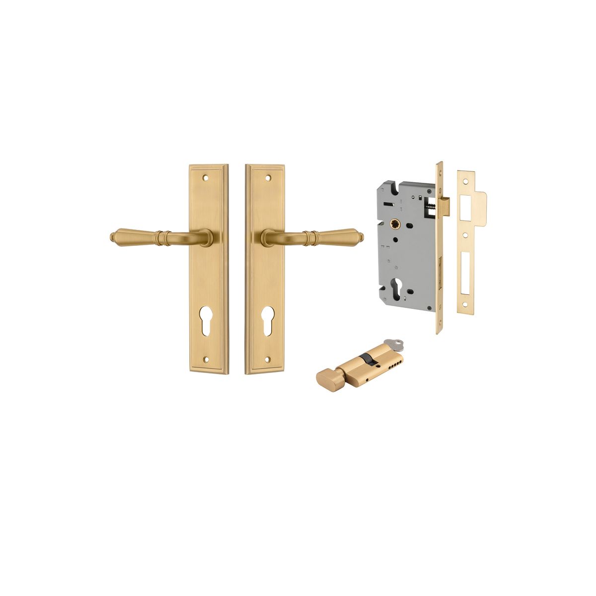 Iver Sarlat  Door Lever Stepped Latch Pair, Passage Kit, Privacy Kit , Entrance Kit with High Security Lock - Brushed Gold PVD