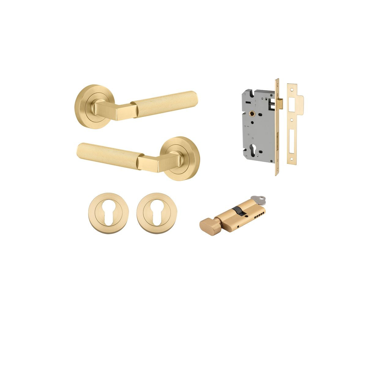 Iver Brunswick  Door Lever Rose Round Concealed Fix Pair, Passage Kit, Privacy Kit , Entrance Kit with High Security Lock - Brushed Gold PVD