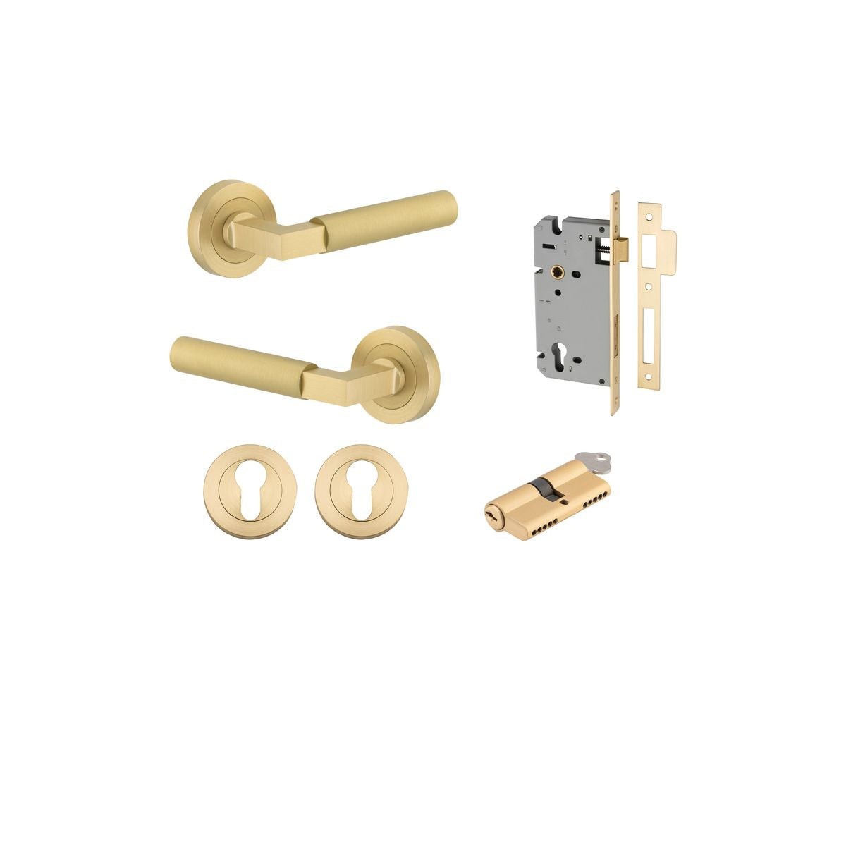Iver Berlin Door Lever Rose Round Concealed Fix Pair, Passage Kit, Privacy Kit , Entrance Kit with High Security Lock - Brushed Gold PVD