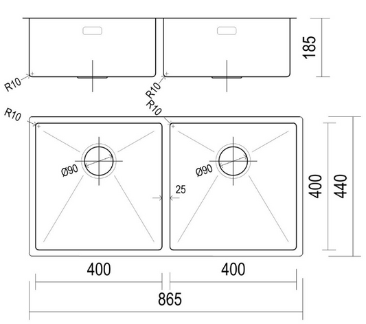 BURNS & FERALL DESIGNER R10 TOPMOUNT/ FLUSH OR UNDERMOUNT STAINLESS STEEL
