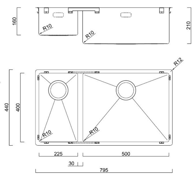 BURNS & FERALL DOUBLE SINK R15 LARGE BOWL LEFT & RIGHT  WITH SLOT O/F STAINLESS STEEL LENGTH SIZES : 570MM ,630MM & 795MM