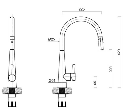 BURNS & FERALL CIGNUS 14 TAP ZOMODO GOOSE NECK  PULL-OUT TAP 421MM PVD SS DUAL FUNCTION AVAILABLE IN 4 COLOURS : BLACK PEARL ,BRUSHED STAINLESS STEEL ,EUREKA GOLD & RIO BRONZE
