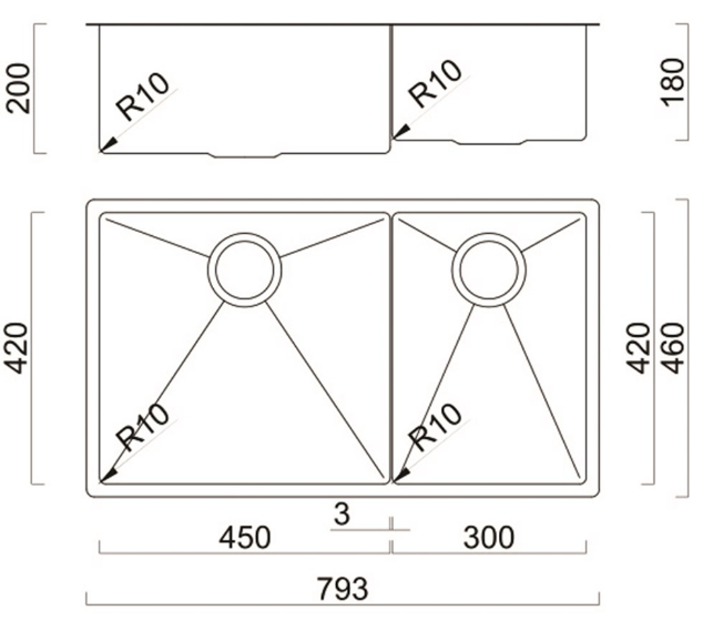 BURNS & FERALL AQUIS DOUBLE BOWL CAYMAN SERIES 450 x 420 x 210 & 300 x 420 R10 RIGHT HAND & LEFT HAND STAINLESS STEEL