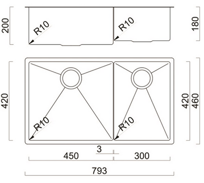 BURNS & FERALL AQUIS DOUBLE BOWL CAYMAN SERIES 450 x 420 x 210 & 300 x 420 R10 RIGHT HAND & LEFT HAND STAINLESS STEEL
