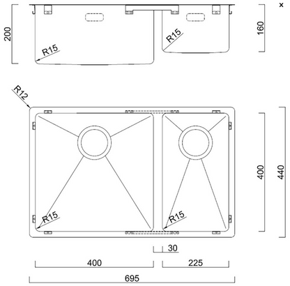 BURNS & FERALL AQUIS  R15 STAINLESS DOUBLE SINK LARGE BOWL LEFT / RIGHT WITH SLOT O/F