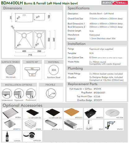 BURNS & FERALL BDM400D Double Bowl 400/250 Left & Right Hand 1.2mm Stainless Steel