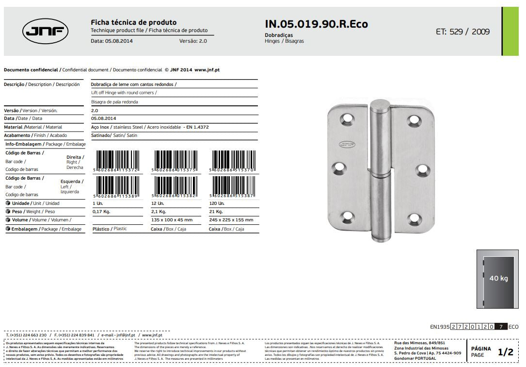 JNF Full Leaf Lift Off Hinge With Round Corners ( 65mm x 90mm x 2,5mm ) Right hand & Left hand  Finish : Stainless Steel