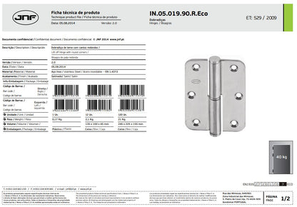 JNF Full Leaf Lift Off Hinge With Round Corners ( 65mm x 90mm x 2,5mm ) Right hand & Left hand  Finish : Stainless Steel