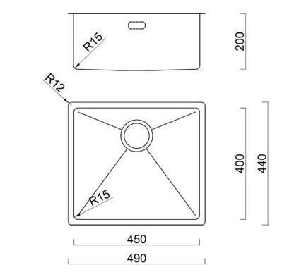 BURNS & FERALL BDM490- Top Mount Bowl 450 x 400 x 200 Designer Waste & Overflow - 1.2mm Stainless Steel