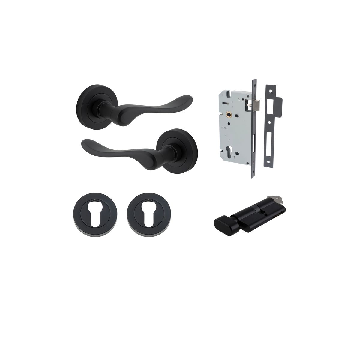 Iver Stirling Door Lever Round Rose Concealed Fix Pair, Passage Kit, Privacy Kit , Entrance Kit with High Security Lock - Matt Black