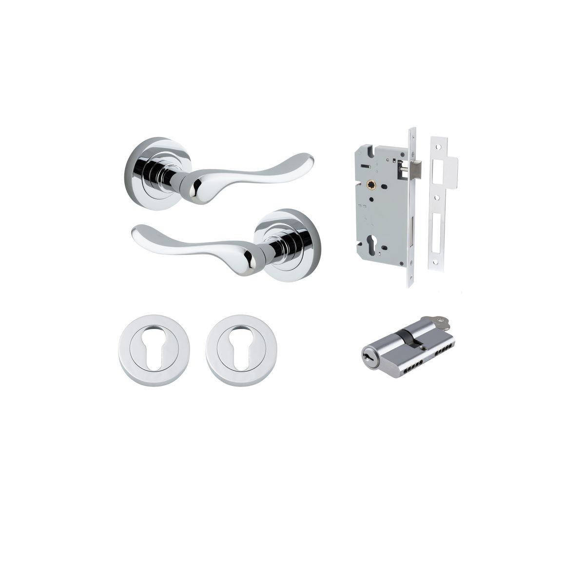 Iver Stirling Door Lever Round Rose Concealed Fix Pair, Passage Kit, Privacy Kit , Entrance Kit with High Security Lock - Polished Chrome