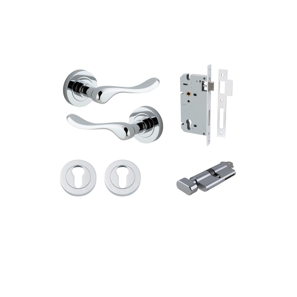 Iver Stirling Door Lever Round Rose Concealed Fix Pair, Passage Kit, Privacy Kit , Entrance Kit with High Security Lock - Polished Chrome