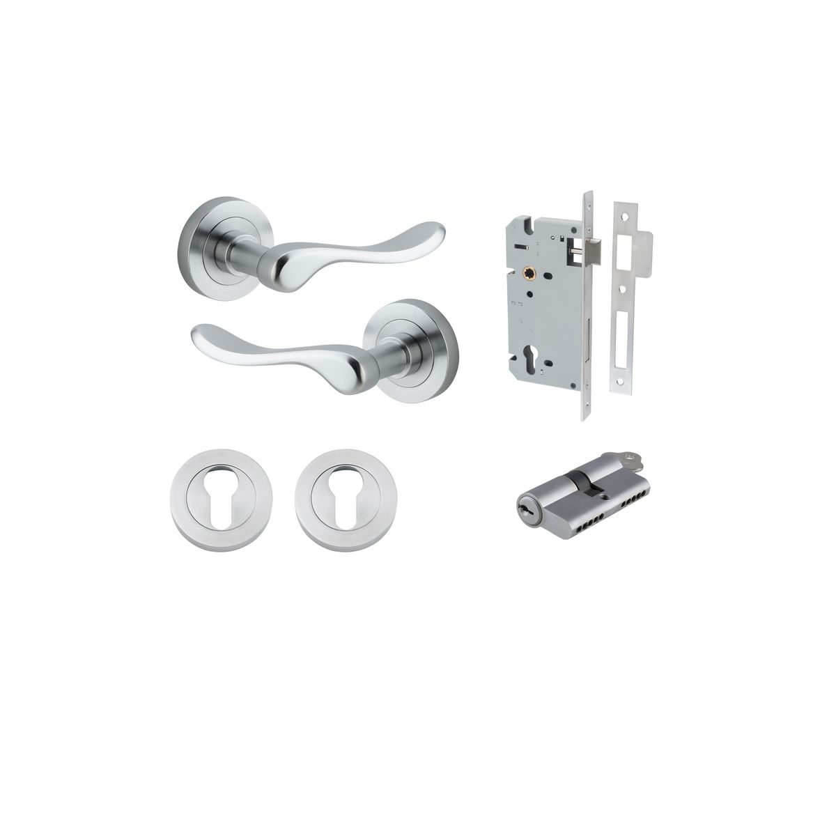 Iver Stirling Door Lever Round Rose Concealed Fix Pair, Passage Kit, Privacy Kit , Entrance Kit with High Security Lock - Brushed Chrome