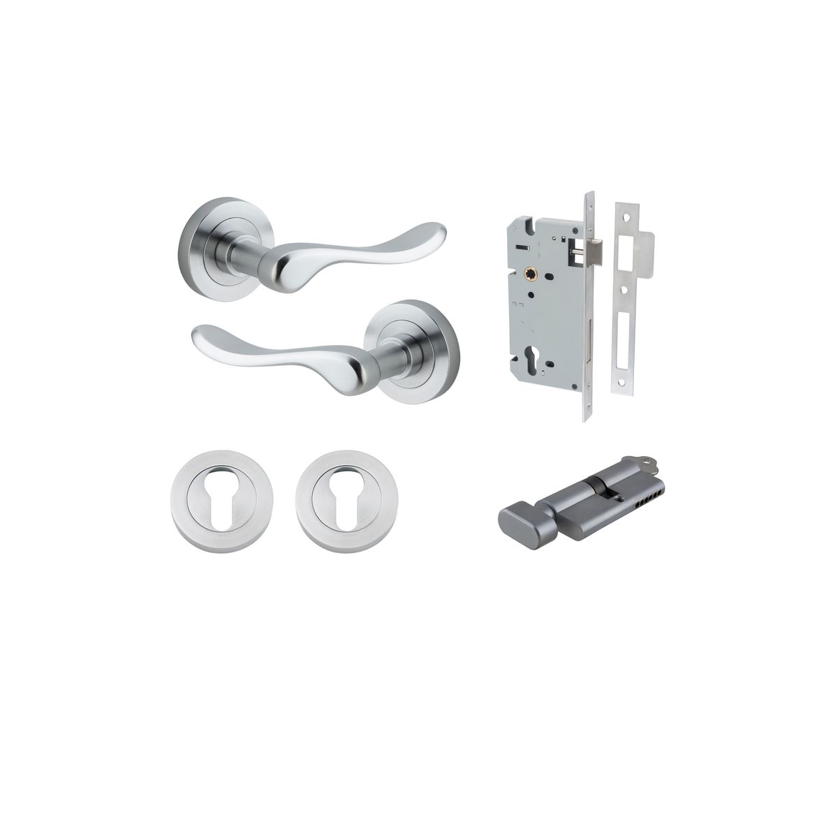 Iver Stirling Door Lever Round Rose Concealed Fix Pair, Passage Kit, Privacy Kit , Entrance Kit with High Security Lock - Brushed Chrome