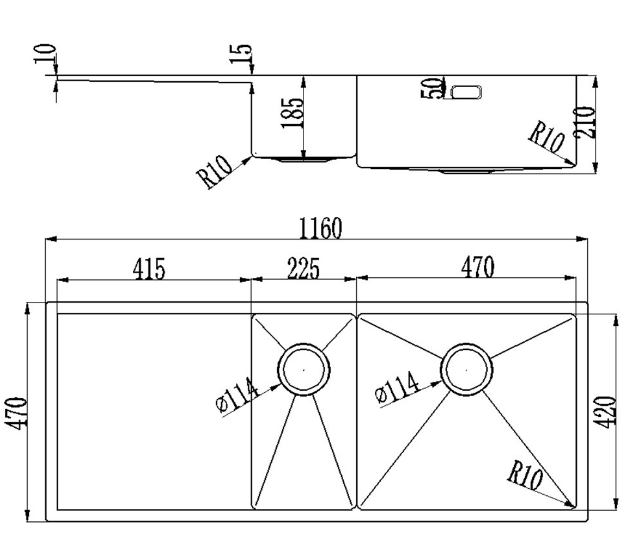 BURNS & FERALL  DBL BOWL HAND MADE, 470 x 420 x 210 & 255 x 420 x 180 LEFT HAND / RIGHT HAND STAINLESS STEEL