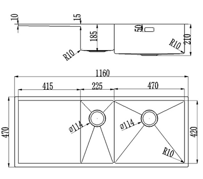 BURNS & FERALL  DBL BOWL HAND MADE, 470 x 420 x 210 & 255 x 420 x 180 LEFT HAND / RIGHT HAND STAINLESS STEEL
