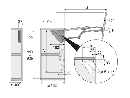 Hettich Germany Folding flap fitting Lift Advanced HF Inside Cabinet Body Height Available in 5 sizes : 440 - 550mm ,551 - 610mm ,611 - 700mm ,701 - 770mm & 771 - 925mm