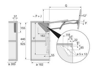 Hettich Germany Folding flap fitting Lift Advanced HF Inside Cabinet Body Height Available in 5 sizes : 440 - 550mm ,551 - 610mm ,611 - 700mm ,701 - 770mm & 771 - 925mm