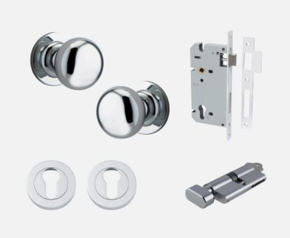 Iver Cambridge Door Knob 0204 Round Rose Polished Chrome - Passage kit , privacy kit & Entrance Kit (Dual Function 5 pin and Key Thumb 6 Pin)