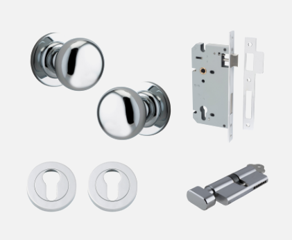Iver Cambridge Door Knob 0204 Round Rose Polished Chrome - Passage kit , privacy kit & Entrance Kit (Dual Function 5 pin and Key Thumb 6 Pin)