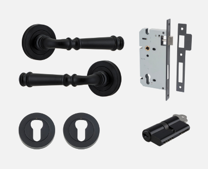 Iver Verona Door Lever 0313 Round Rose Matt Black - Passage ,Privacy & Entrance