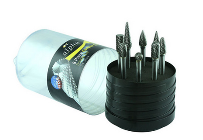 Trucut Heavy Duty Alpha 8 Piece & 9 Piece Tungsten Carbide Burr set 1/4" Shank & 1/8" Shank - 1/2" Flute and 1/4" Flute