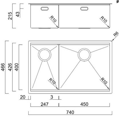 BURNS & FERALL PREP-CENTRE DOUBLE  BOWL 450 + 247 LEFT / RIGHT - INCL ROLLERMAT & FIBRE-ROCK