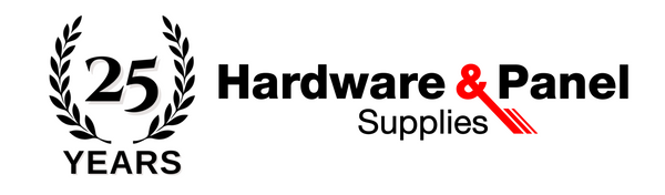 Logo for Hardware & Panel Supplies celebrating 25 years with a decorative wreath design.
