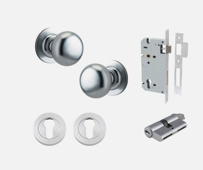 Iver Cambridge Door Knob 0205 Round Rose Brushed Chrome - Passage kit , privacy kit & Entrance Kit (Dual Function 5 pin and Key Thumb 6 Pin)