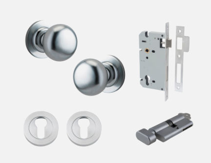 Iver Cambridge Door Knob 0205 Round Rose Brushed Chrome - Passage kit , privacy kit & Entrance Kit (Dual Function 5 pin and Key Thumb 6 Pin)