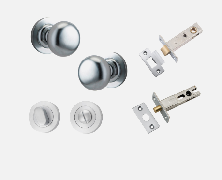 Iver Cambridge Door Knob 0205 Round Rose Brushed Chrome - Passage kit , privacy kit & Entrance Kit (Dual Function 5 pin and Key Thumb 6 Pin)