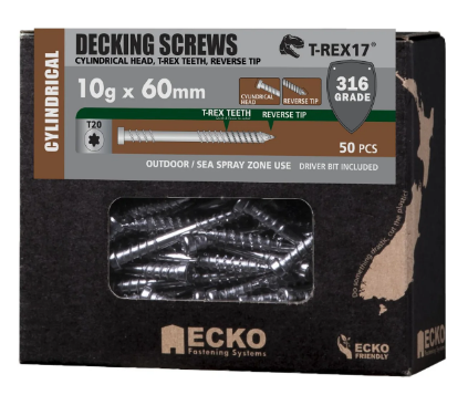 Ecko Decking Screws Cylindrical Head 316Stainless Steel 10G -60,65,75mm Pack of 50