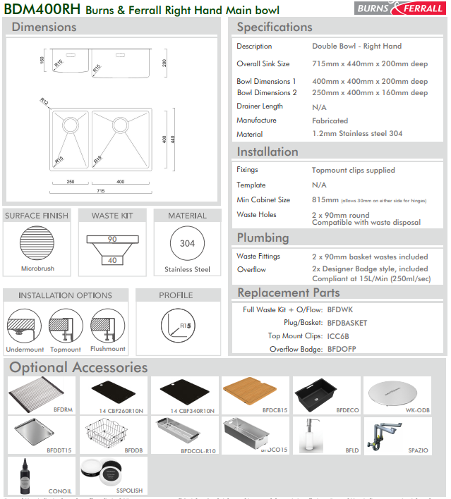 BURNS & FERALL BDM400D Double Bowl 400/250 Left & Right Hand 1.2mm Stainless Steel