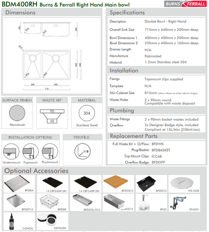 BURNS & FERALL BDM400D Double Bowl 400/250 Left & Right Hand 1.2mm Stainless Steel