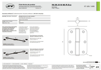 JNF Full Leaf Lift Off Hinge With Round Corners ( 65mm x 90mm x 2,5mm ) Right hand & Left hand  Finish : Stainless Steel