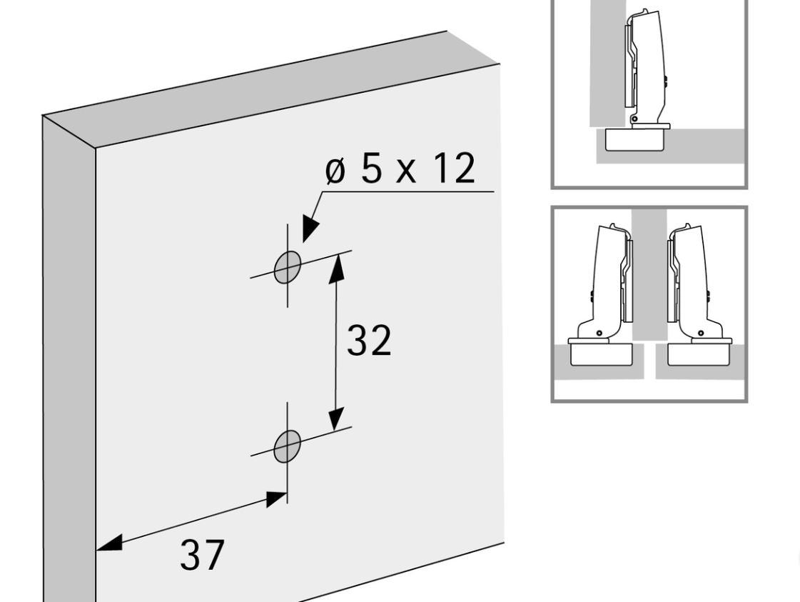 Hettich Germany Cross mounting plate with oblong hole height adjustment, nickel plated, Hole line 37 x 32 mm, with euro screws (for drilling ø 5 x 12 mm), distance 0.0 mm
