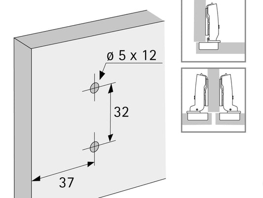 Hettich Germany Cross mounting plate with oblong hole height adjustment, nickel plated, Hole line 37 x 32 mm, with euro screws (for drilling ø 5 x 12 mm), distance 0.0 mm